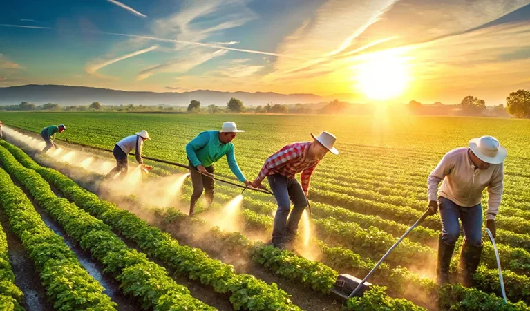 Innovative farming under the golden sunrise, advancing modern agriculture with care.